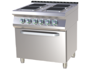 Печка с електрическа фурна GN 2/1, 6,3 kW и четири квадратни котлона, 4х2,6 kW