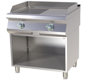 Електрическа скара тип 1/2 гладка-1/2 оребрена плоча върху основа, две зони на управление, хромирана