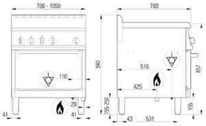 Печка с електрическа фурна GN 2/1 4,7 kW и 4 горелки 2 х 6 kW и 2 х 3,5 kW