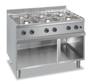 Газов котлон с шест газови горелки, свободно стоящ върху отворен шкаф