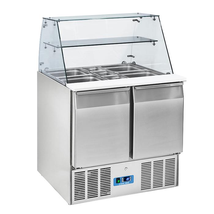 Хладилна маса със стъклена надстройка (салатбар GN 2.5/1) и полиетиленова дъска за рязане - kuhnensko.com Хладилна маса със стъклена надстройка (салатбар GN 2.5/1) и полиетиленова дъска за рязане