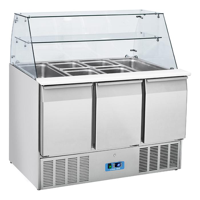 Хладилна маса със стъклена надстройка, салатбар, и полиетиленова дъска за рязане GN 1/1 - kuhnensko.com Хладилна маса със стъклена надстройка, салатбар, и полиетиленова дъска за рязане GN 1/1