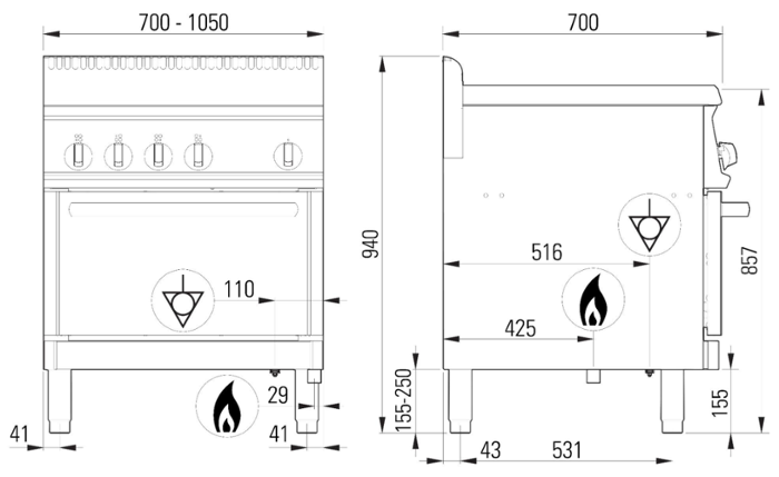 Печка с електрическа фурна GN 2/1 4,7 kW и 6 горелки 4 х 6 kW и 2 х 3,5 kW