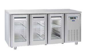 Среднотемпературна хладилна маса с 3 стъклени врати, без плот и компресор, GN 1/1 съвместима, различни видове