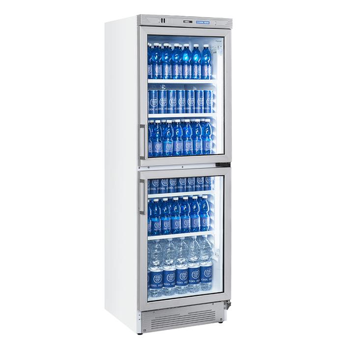 Хладилни витрини за напитки с 2 х 1/2 врати, 350 л, с или без рекламен панел, бели