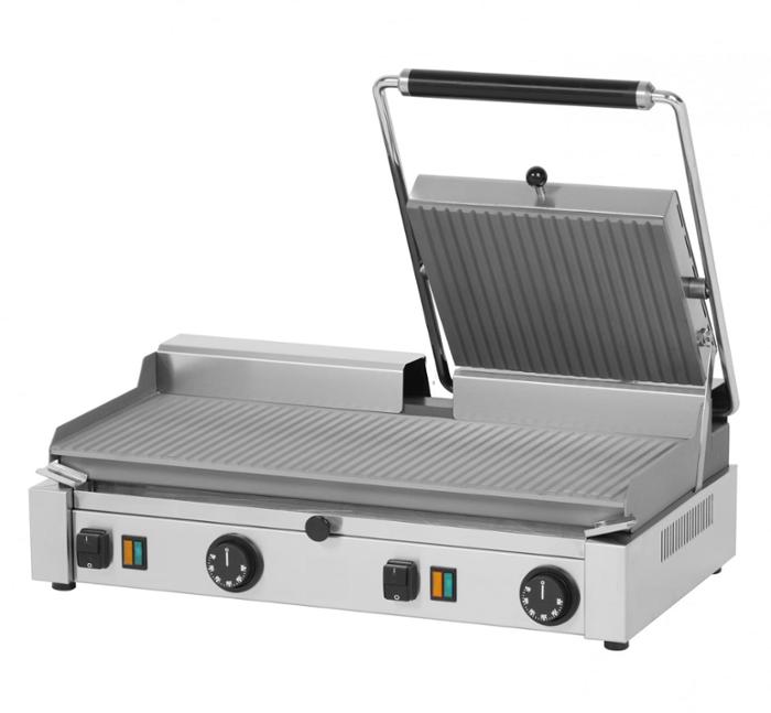 Електрически контактен грил, две оребрени работни зони и горна плоча от дясно - kuhnensko.com Електрически контактен грил, две оребрени работни зони и горна плоча от дясно