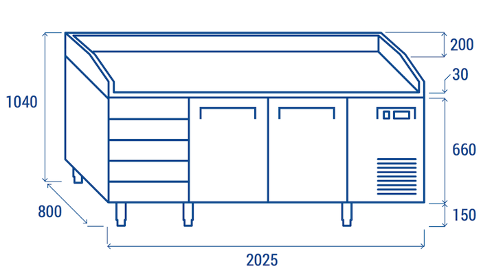 Хладилна маса за подготовка на пици с 2 врати, 600×400 мм съвместима, QZ26