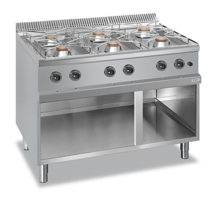 Газов котлон с шест газови горелки, свободно стоящ върху отворен шкаф - kuhnensko.com Газов котлон с шест газови горелки, свободно стоящ върху отворен шкаф